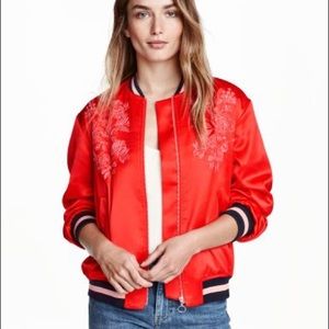 FINAL SALE Red satin bomber jacket with embroidery